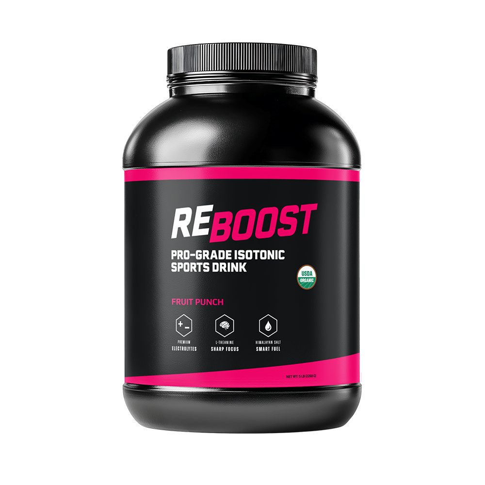 Black and pink sports drink container labeled 'REBOOST' on a white background